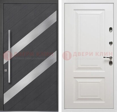 Серая входная дверь МДФ с металлическими вставками ДМ-325 в Пскове