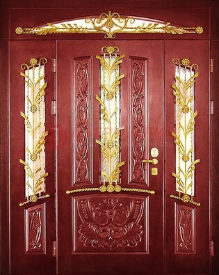 Бордовая железная парадная дверь со стеклом и ковкой ДПР-75 в Пскове
