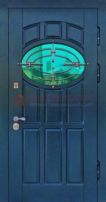 Синяя металлическая дверь со стеклом и ковкой ДСК-143 в Иваново
