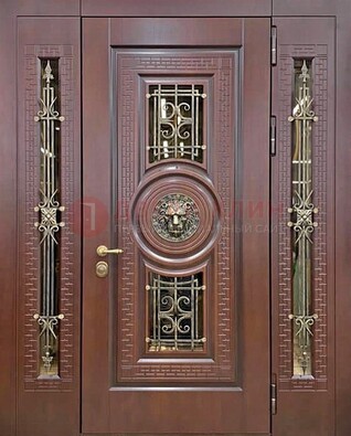 Коричневая стальная дверь со стеклом и ковкой ДСК-147 с фрамугами в Пскове