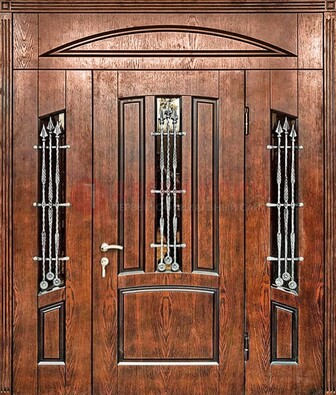 Стальная дверь со стеклом и ковкой с фрамугами ДСК-149 коричневая в Пскове