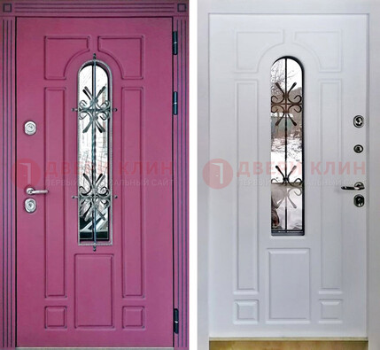 Розовая металлическая дверь со стеклом и ковкой ДСК-151 в Пскове