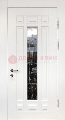 Белая стальная дверь винорит со стеклом и ковкой ДСК-191 в Пскове