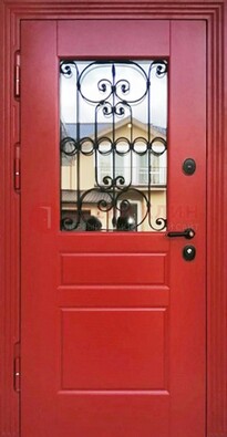 Красная железная дверь Винорит со стеклом и ковкой ДСК-205 в Пскове