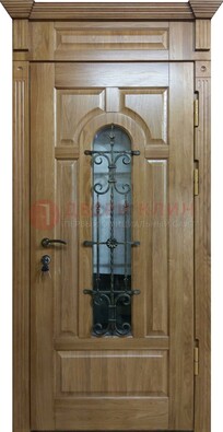 Металлическая дверь массив со стеклом и ковкой для дома ДСК-246 в Пскове