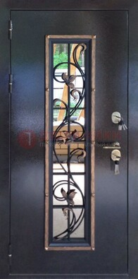 Железная дверь с порошковым напылением стеклом и ковкой ДСК-279 в Пскове