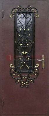 Простая металлическая дверь с Порошком стеклом и ковкой ДСК-281 в Пскове