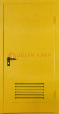 Желтая металлическая техническая дверь с вентиляционной решеткой ДТ-15 в Пскове