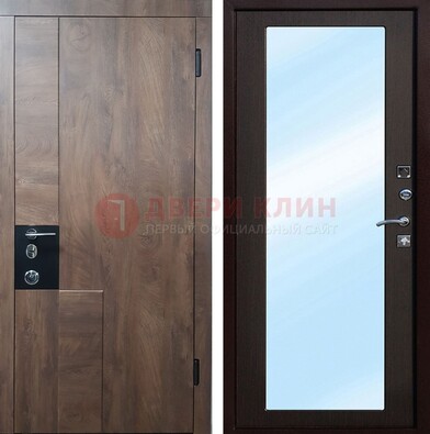 Коричневая металлическая дверь c МДФ с зеркалом ДЗ-106 в Пскове