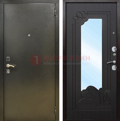 Железная темная дверь c порошковым напылением и МДФ с узором и зеркалом ДЗ-111 в Пскове