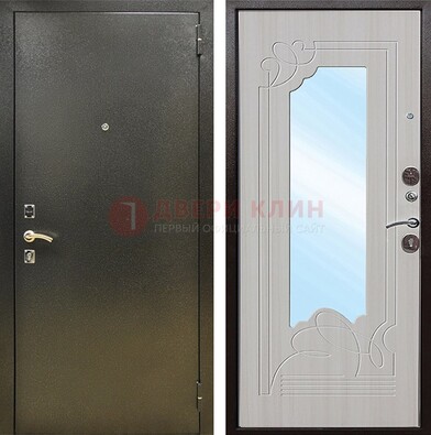 Входная темно-серая дверь c порошковым покрытием и МДФ с резьбой и зеркалом ДЗ-113 в Пскове