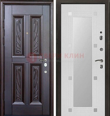 Коричневая стальная дверь с зеркалом МДФ внутри ДЗ-44 в Пскове