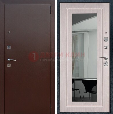Входная дверь с порошковым напылением Медный антик/Белый дуб с зеркалом ДЗ-63 в Пскове