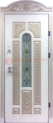 Белая железная дверь с МДФ и витражом ВЖ-26 в Пскове